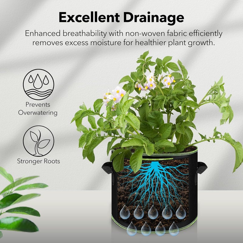 BN-LINK 5-Pack 5 Gallon Grow Bags, Heavy Duty Aeration Fabric Pots with Handles, Thickened Nonwoven Plant Bags for Vegetables, Flowers, Fruits - Image 2